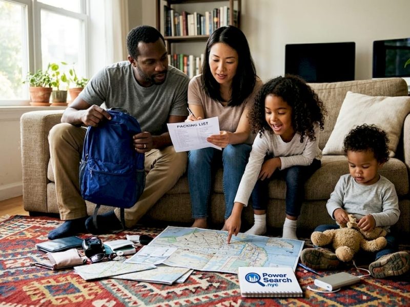 Family sorting packing checklist at home table