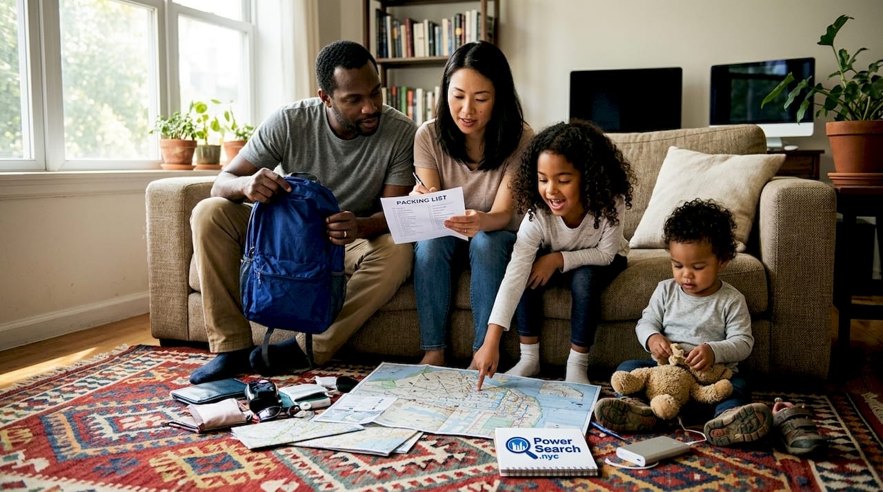 Family sorting packing checklist at home table