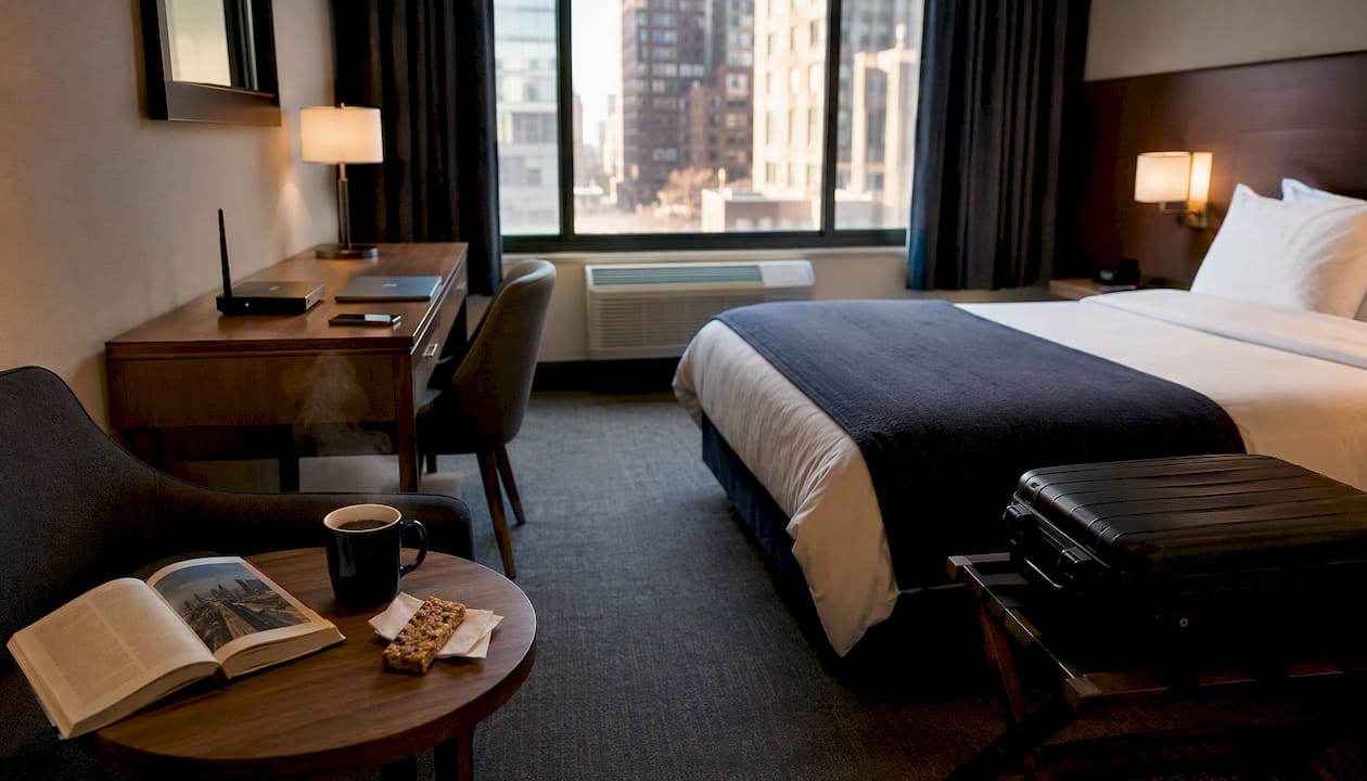 NYC budget hotel room with amenities