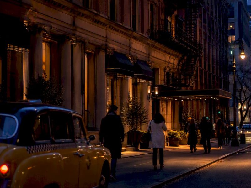 Luxury Tribeca hotel exterior at dusk